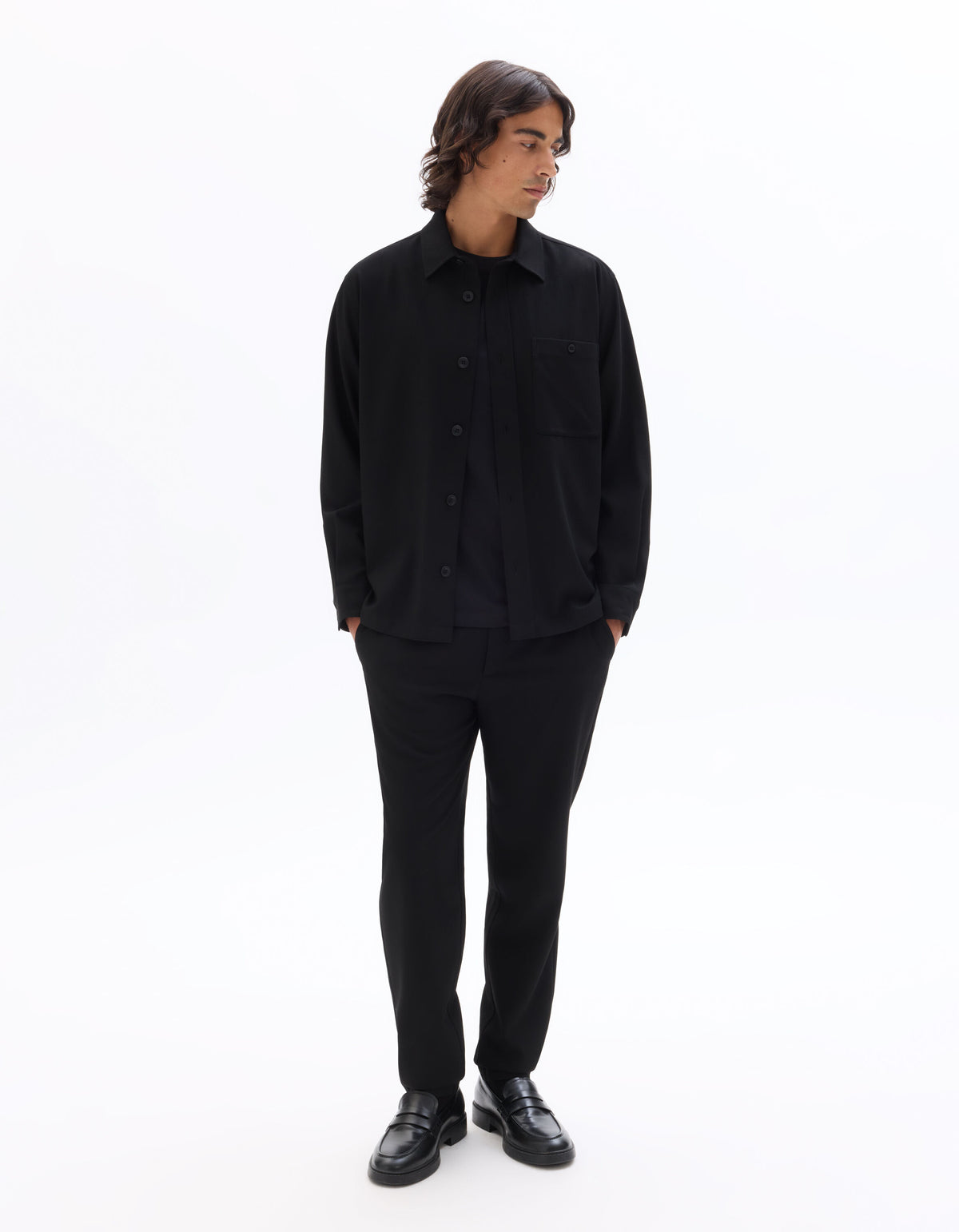 Oversized Poly Viscose Solid Spread Collar Shirts - Black