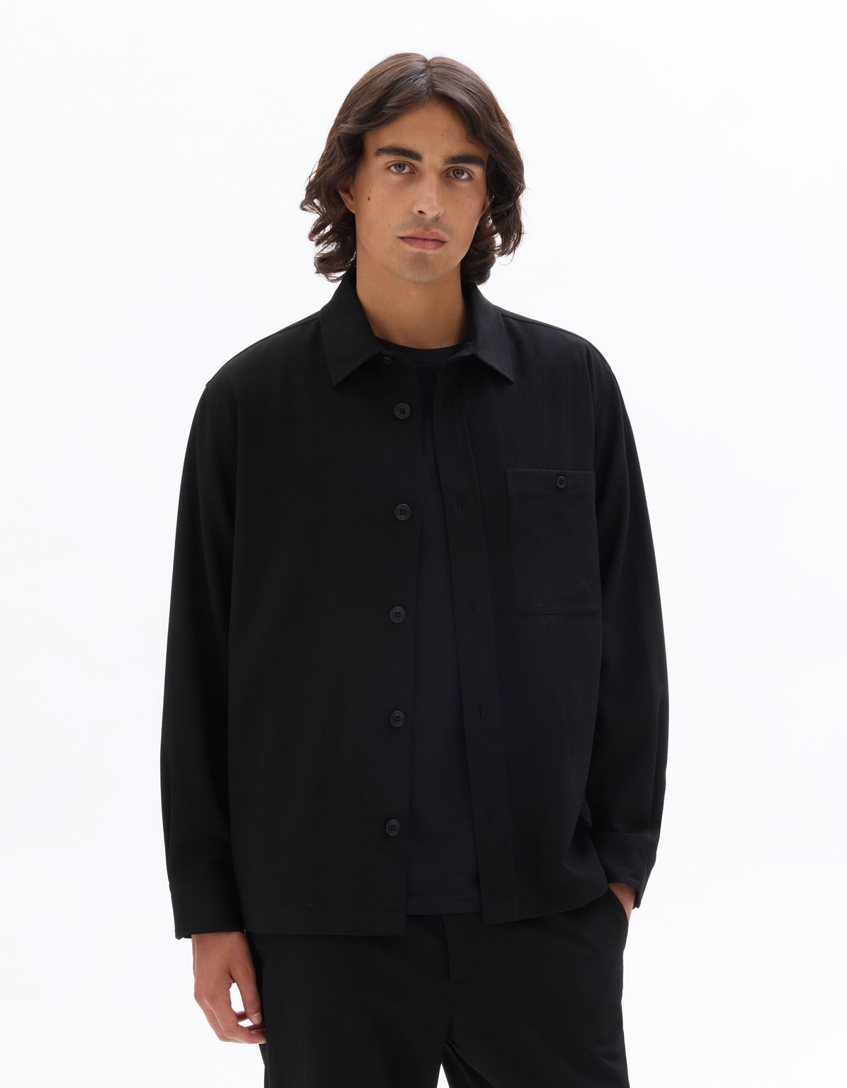 Oversized Poly Viscose Solid Spread Collar Shirts - Black