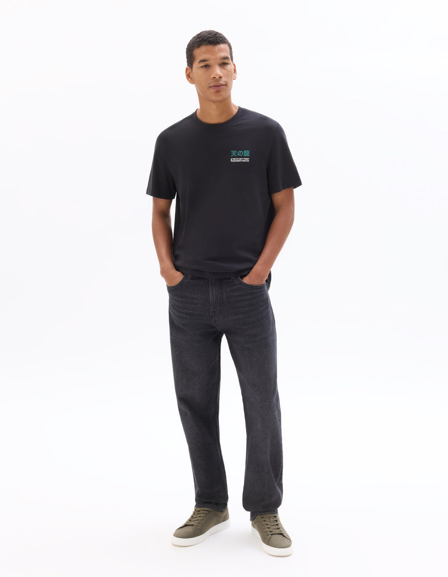 Regular Fit 100% Cotton Printed Crew Neck T-Shirts - Black