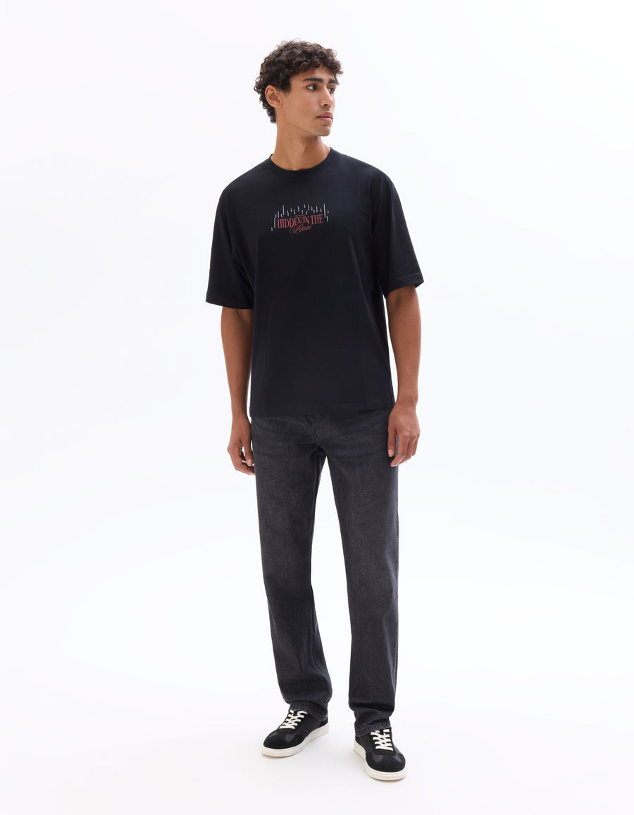 Regular Fit 100% Cotton Printed Crew Neck T-Shirts - Black
