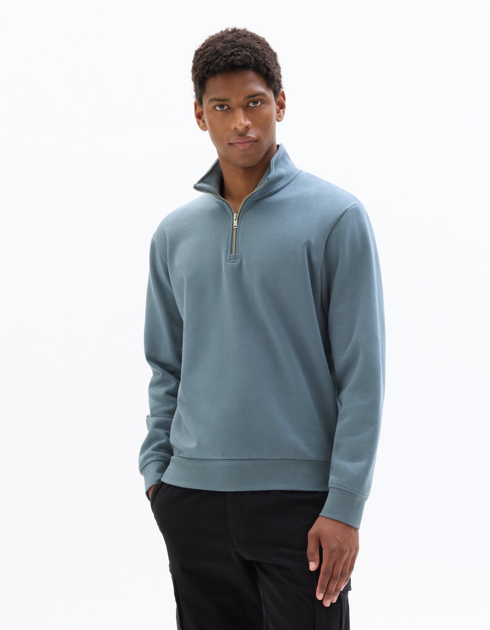 Regular Fit Poly-Cotton Solid High Neck Sweatshirts - Blue