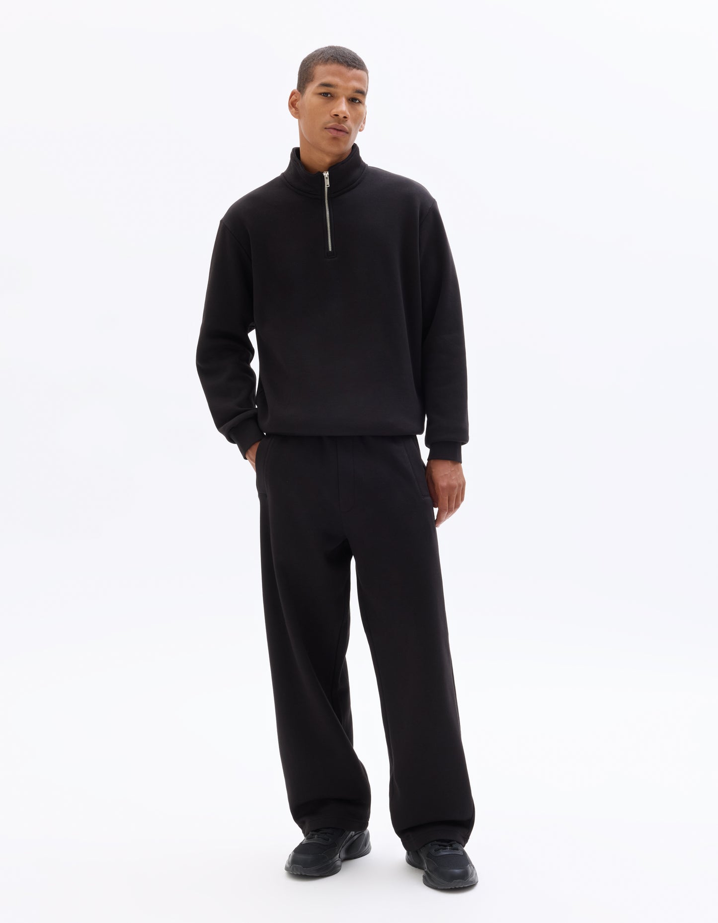 Regular Fit Poly-Cotton Solid High Neck Sweatshirts - Black