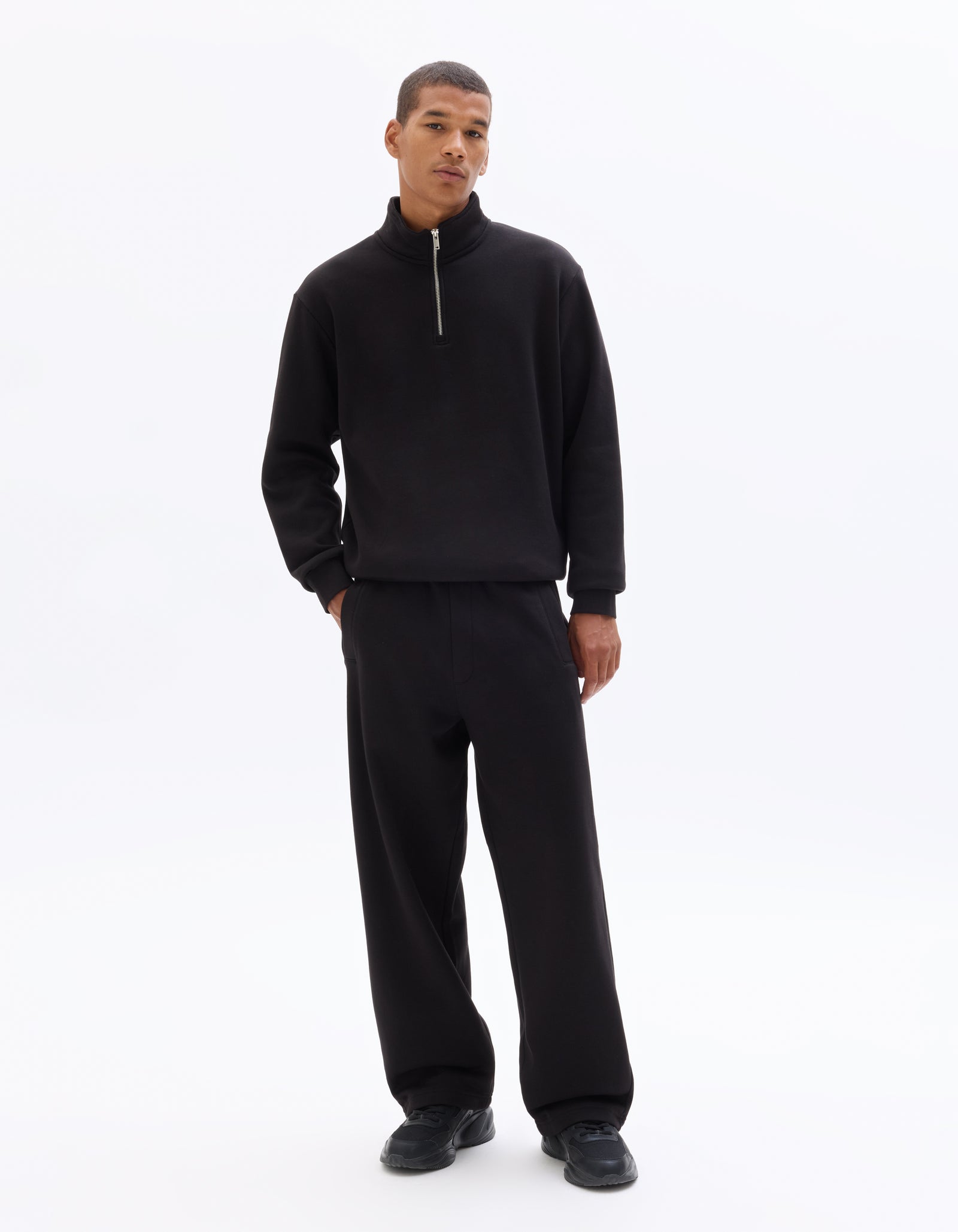 Regular Fit Poly-Cotton Solid High Neck Sweatshirts - Black