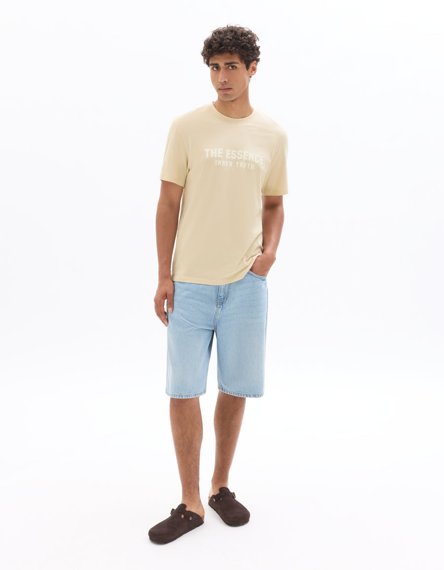 Boxy Fit 100% Cotton Printed Crew Neck T-Shirts - Beige