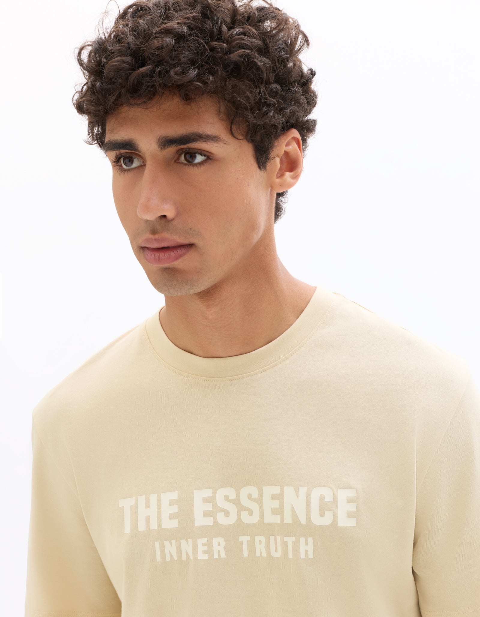 Boxy Fit 100% Cotton Printed Crew Neck T-Shirts - Beige