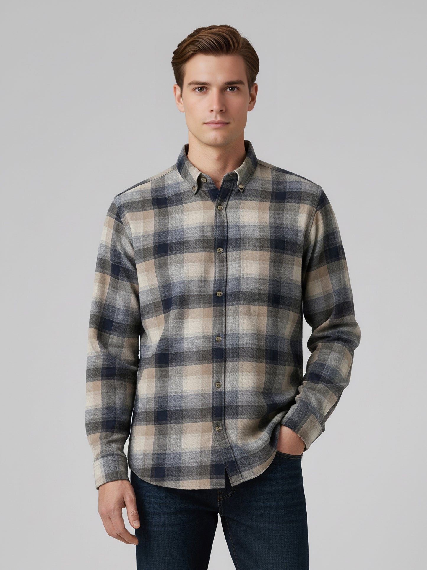 Celio* Men Beige Checked Regular Fit Cotton Shirts