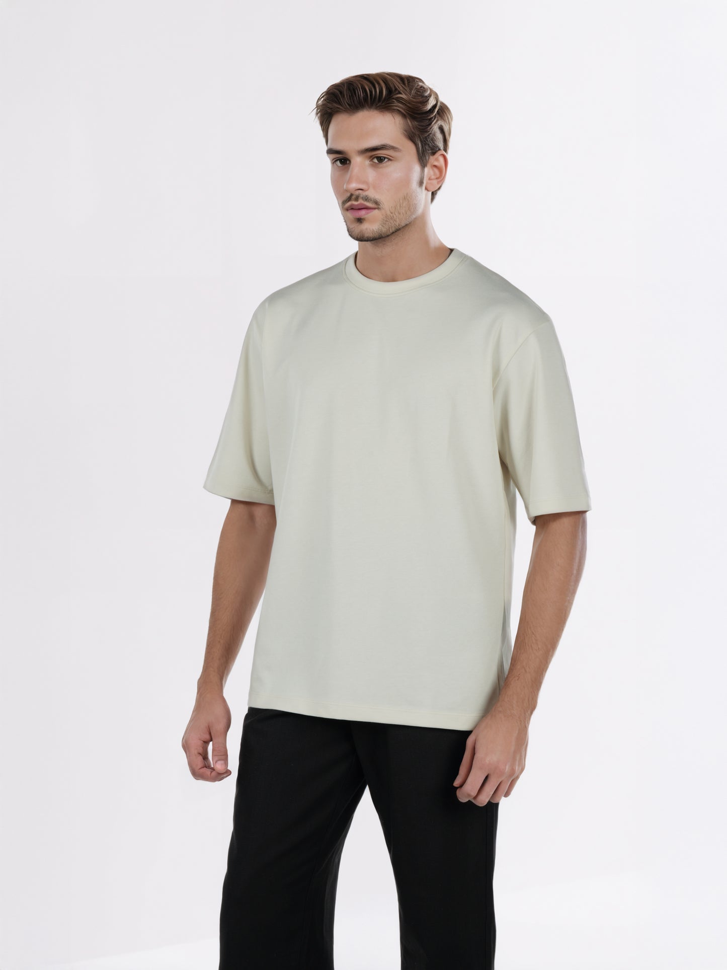 Celio* Men Cream Solid Oversized Cotton-Blend T-Shirts