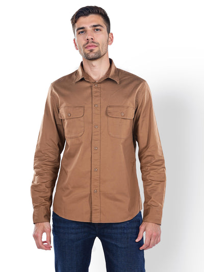 Celio* Solid Regular Fit Cotton Brown Shirt