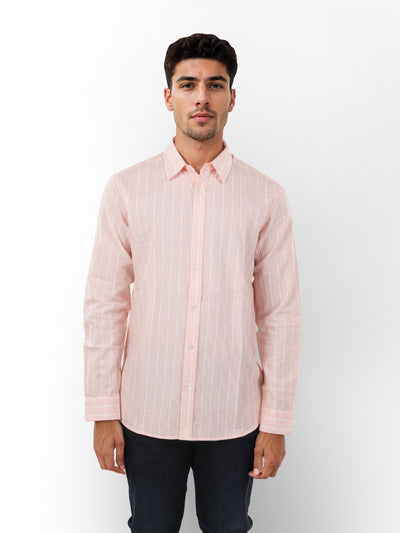 Celio* Striped Regular Fit Linen Pink Shirt
