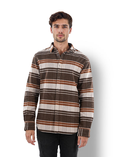 Celio* Striped Regular Fit Cotton Brown Shirt