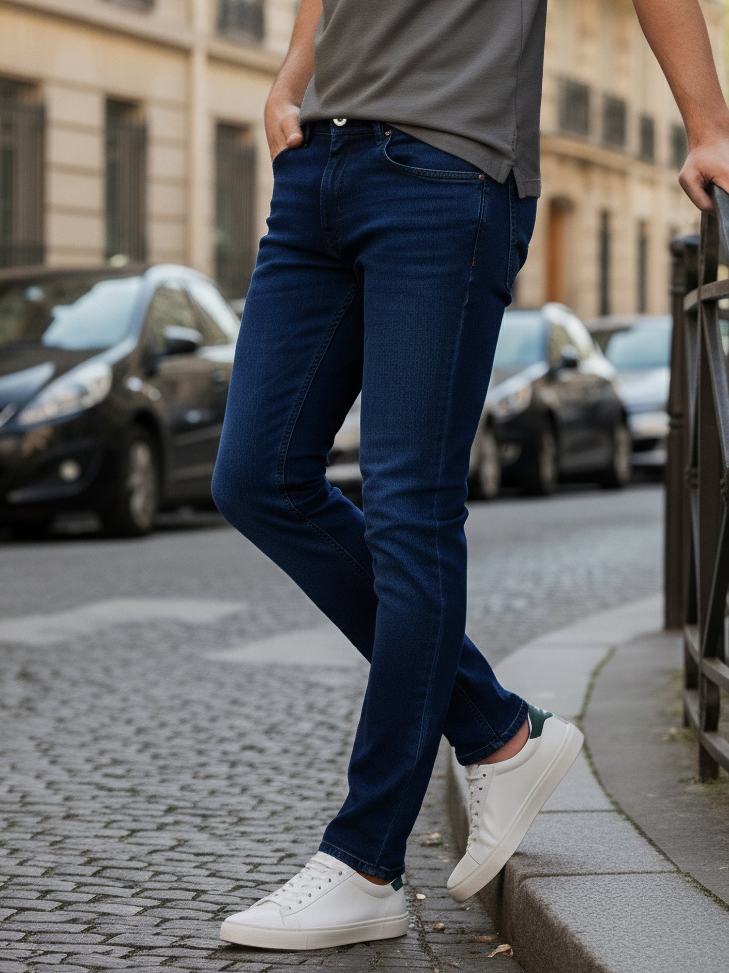Celio Mens Blue Knit | Dobby Slim Fit Cotton Jeans