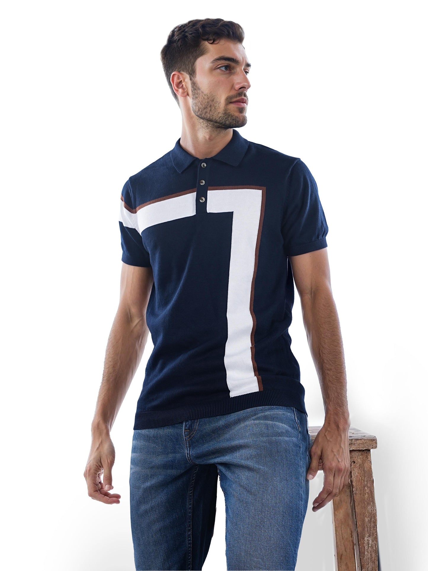 Navy Blue Colourblock Cotton Polo