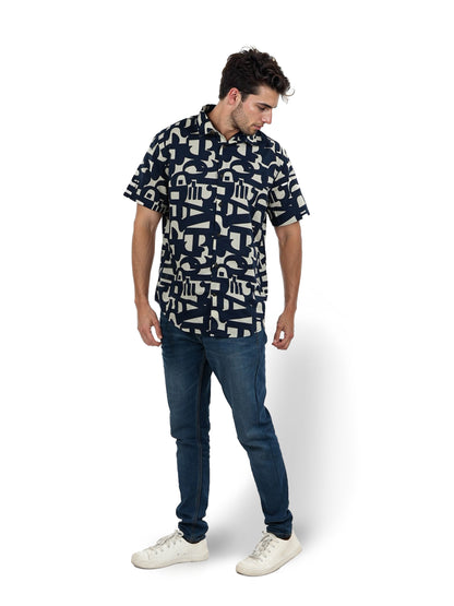 Navy Blue Printed Cotton Shirt