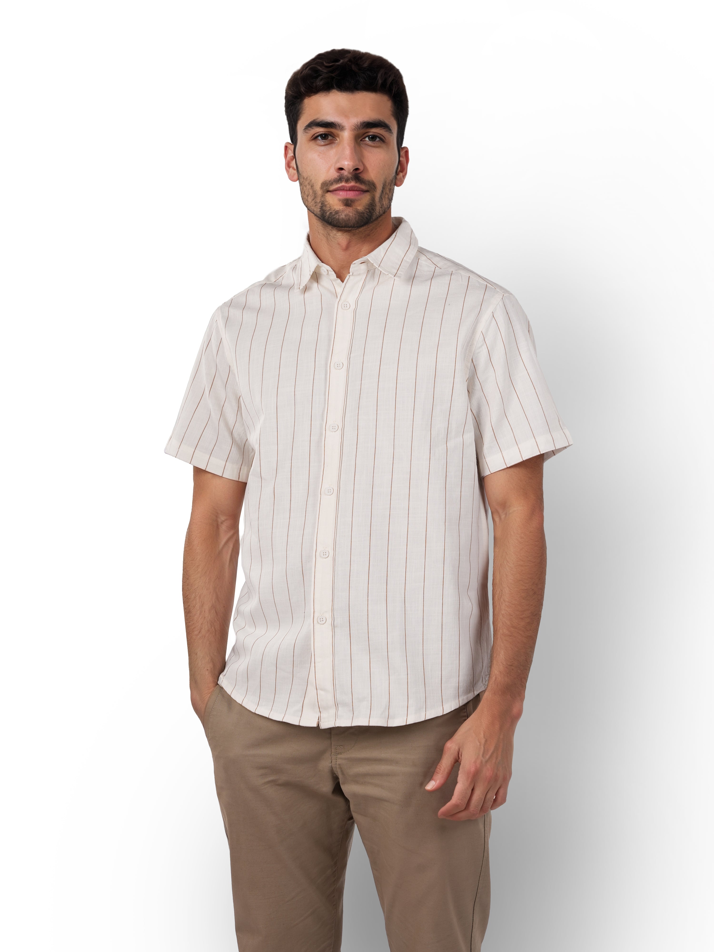 Brown Striped Cotton-Linen-Blend Shirt