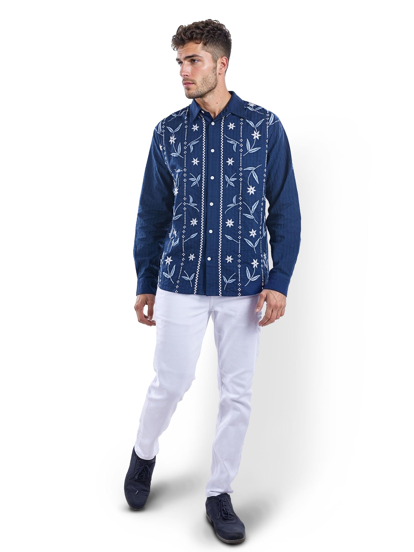 Blue Embroidered Cotton Shirt