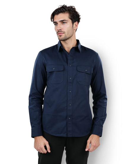 Navy Blue Solid Cotton Shirt