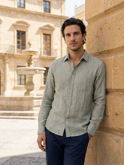 Celio Mens Khaki Solid Regular Fit Linen Shirts