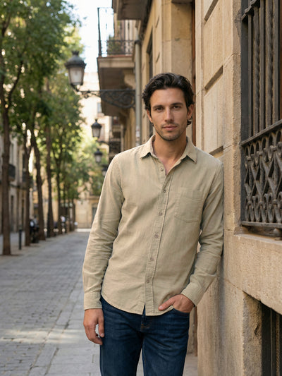 Celio Mens Beige Corduroy Regular Fit Cotton Shirts