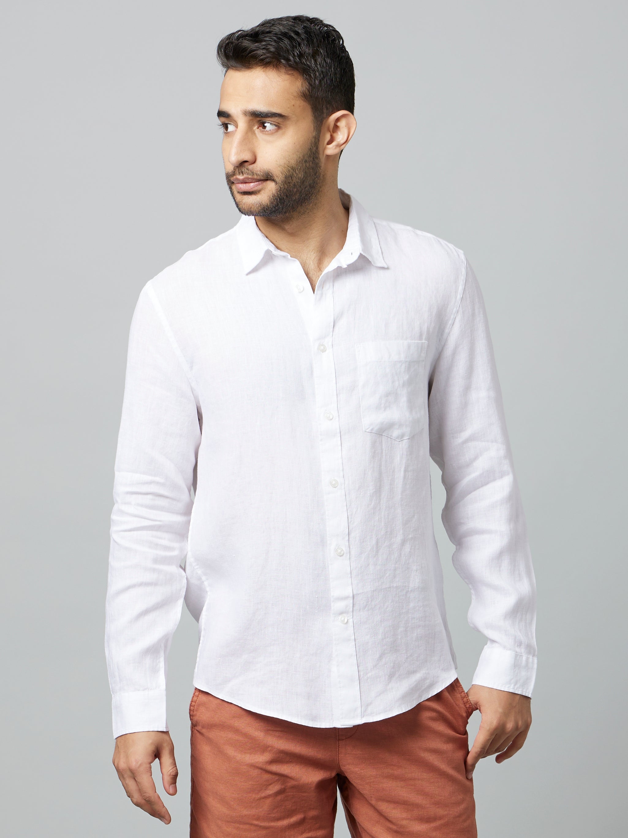 White Solid Linen Shirt