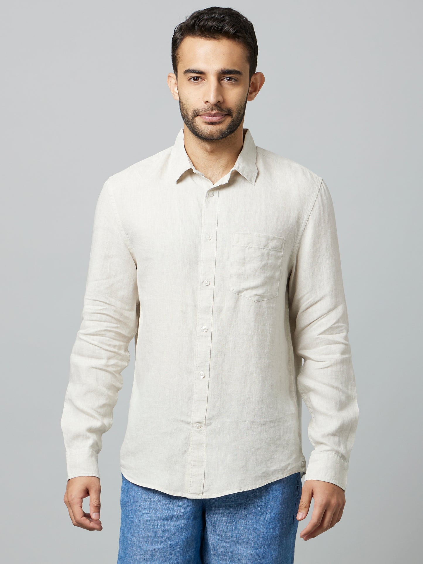 Beige Solid Linen Shirt