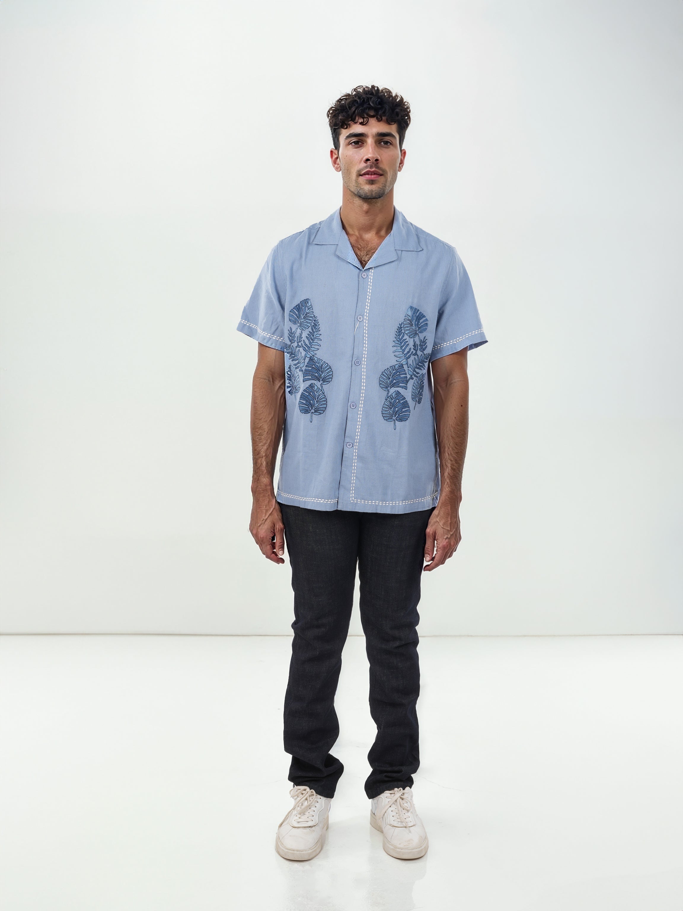 Blue Embroidered Cotton Shirt