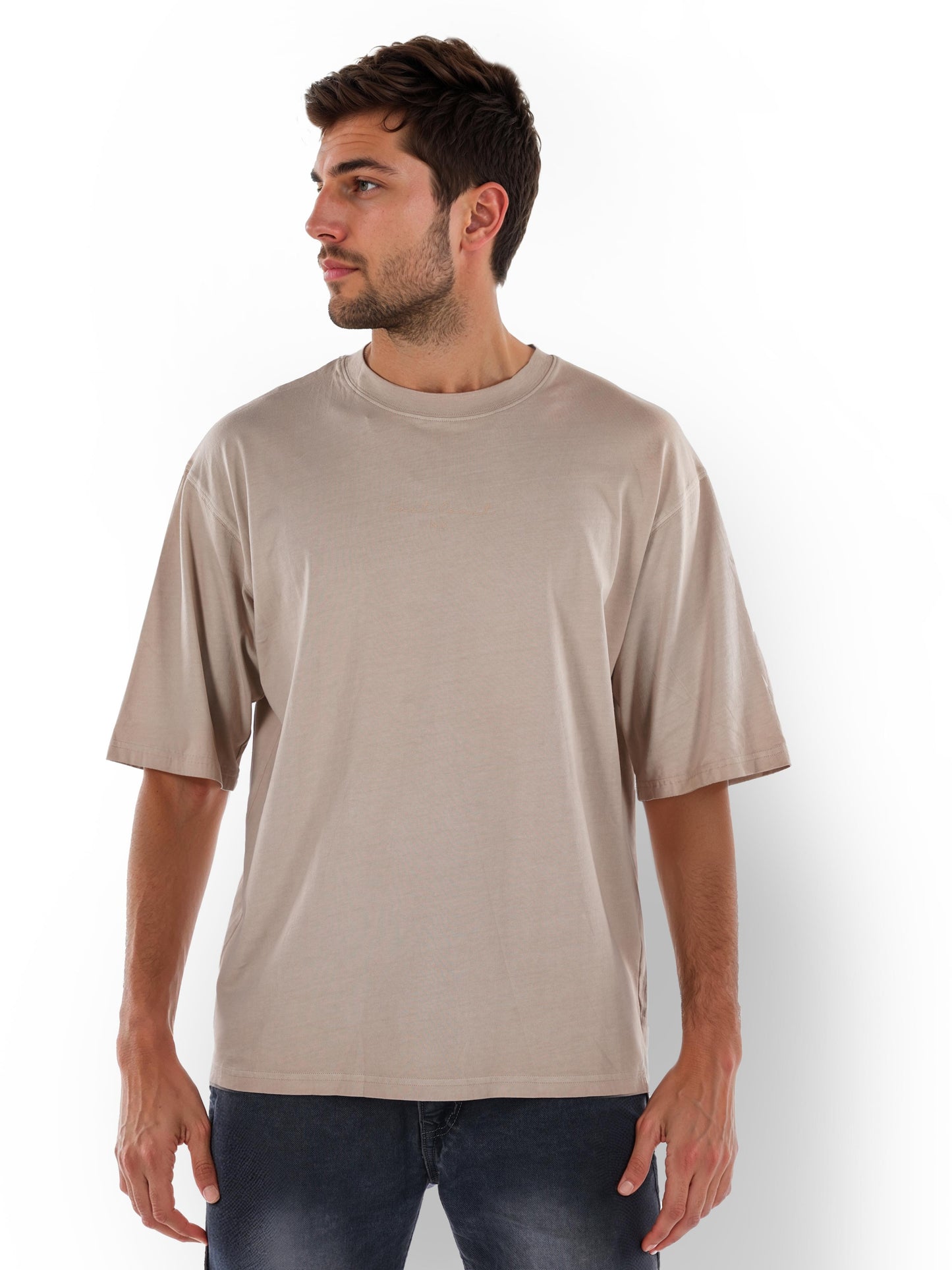 Beige Solid Cotton T-shirt