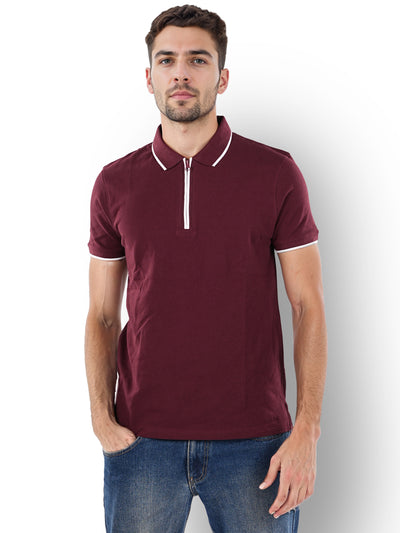 Celio* Solid Regular Fit Cotton Burgundy T-Shirt