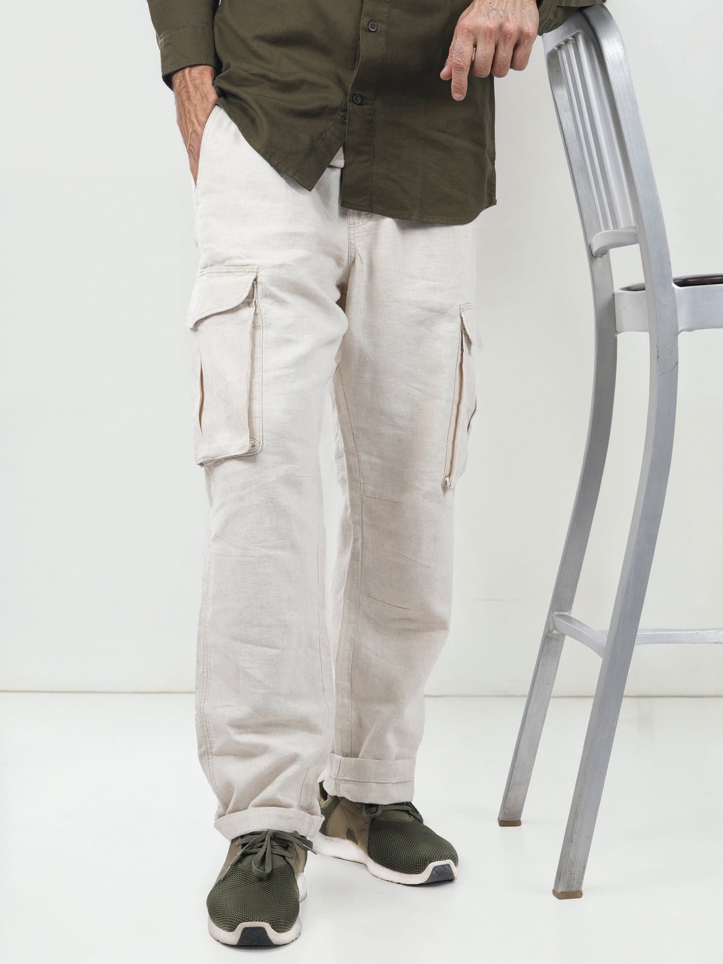 Off White Slim Fit Linen Trousers