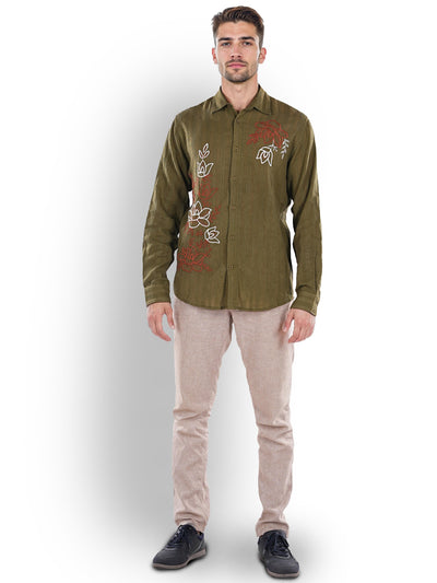 Celio* Embroidered Regular Fit Cotton Olive Shirt