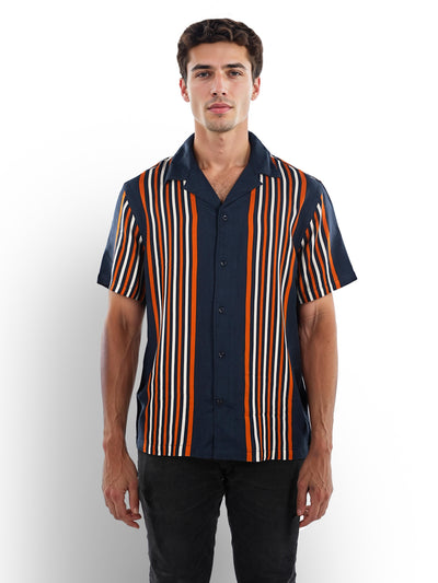 Celio* Striped Regular Fit Viscose Navy Blue Shirts