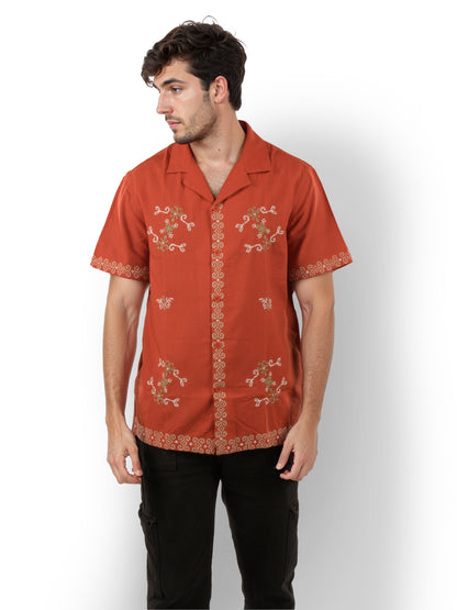 Red Embroidered Linen Shirt