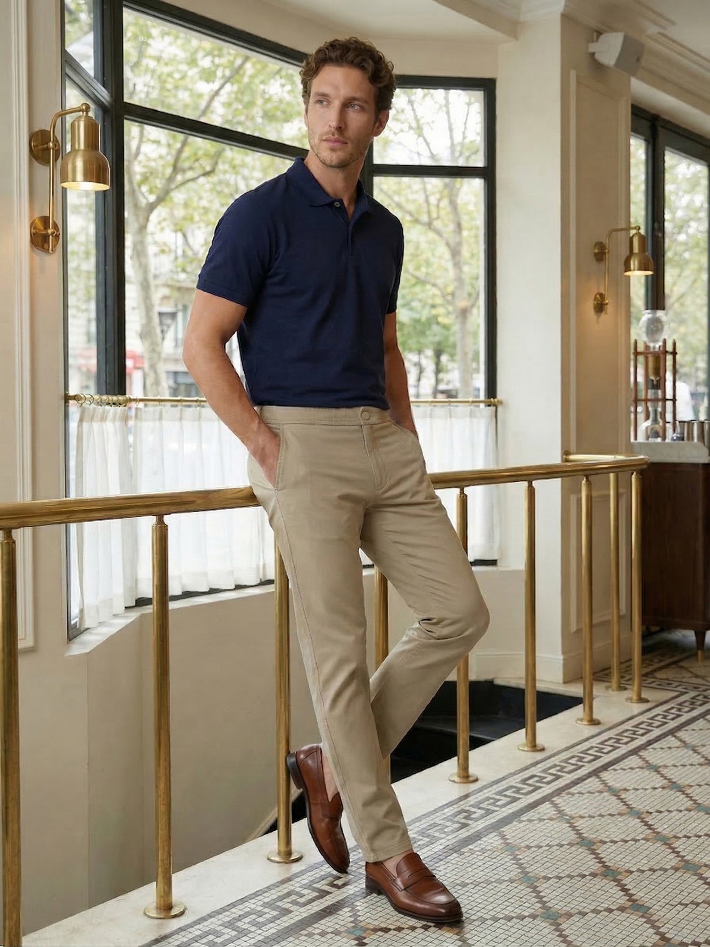 Celio Mens Beige Dobby Slim Fit Polyester Casual Trouser