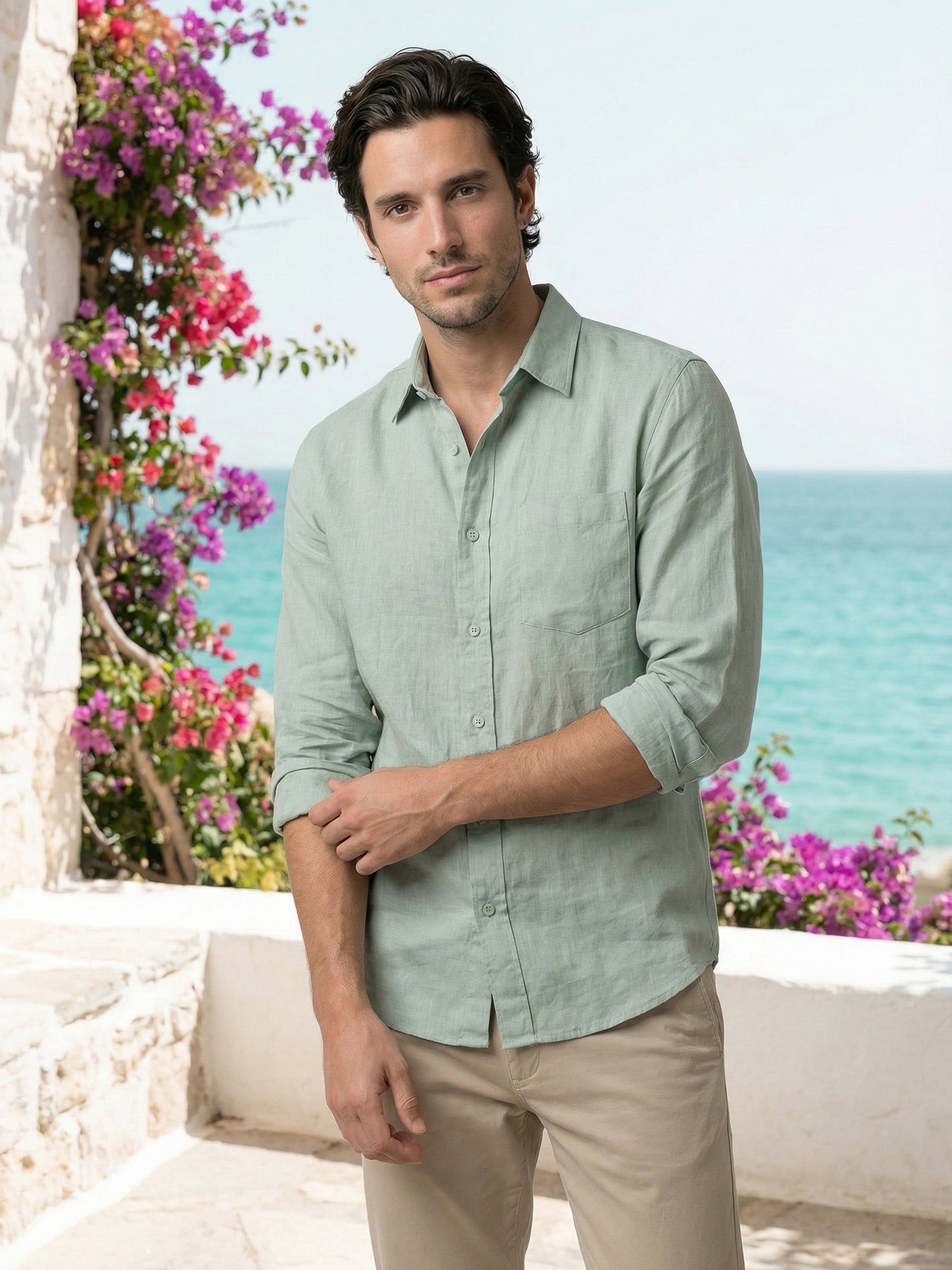 Celio Mens Green Solid Regular Fit Linen Shirts