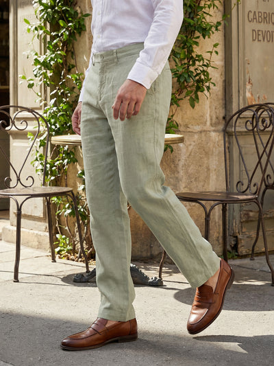 Celio Mens Green Solid Straight Fit Linen Casual Trouser
