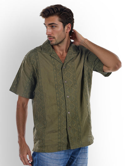 Celio* Embroidered Boxy Fit Cotton Olive Shirt