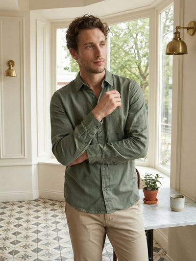 Celio Mens Olive Dobby Regular Fit Cotton Shirts