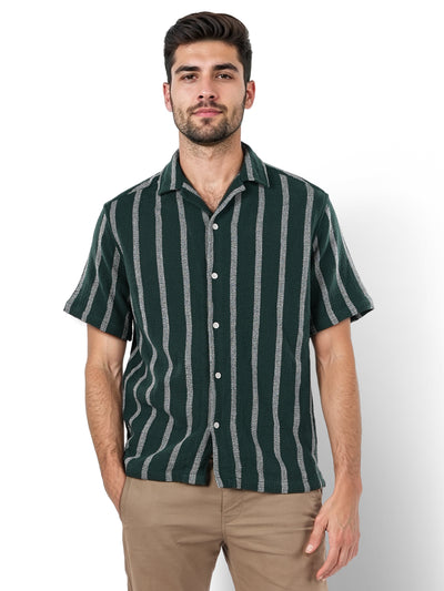 Celio* Striped Regular Fit Cotton Green Shirt