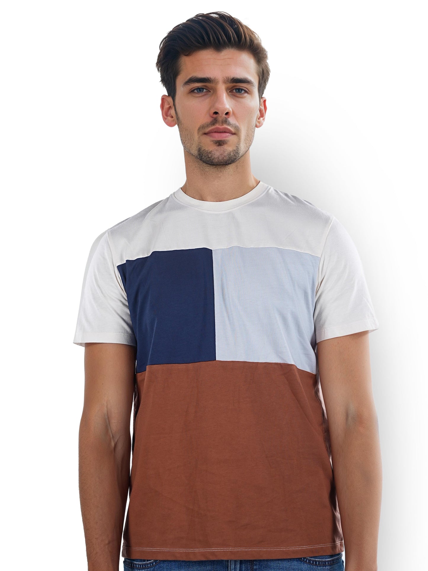 Beige Colourblock Cotton T-shirt