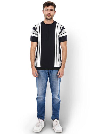 Celio* Striped Straight Fit Cotton Black T-Shirt