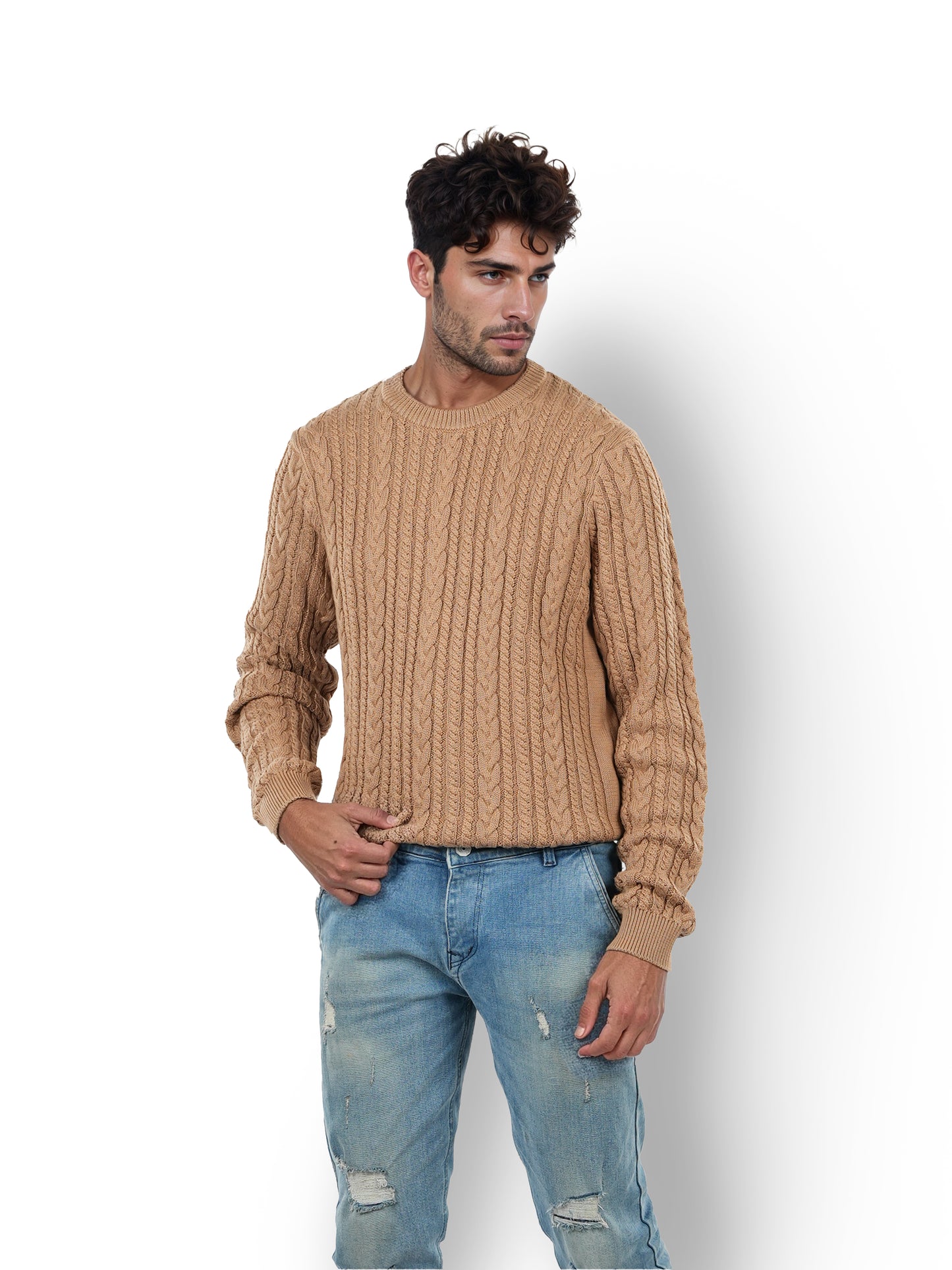 Beige Solid Cotton Sweater