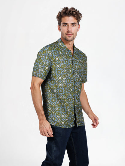 Celio* Floral Regular Fit Viscose Green Shirt