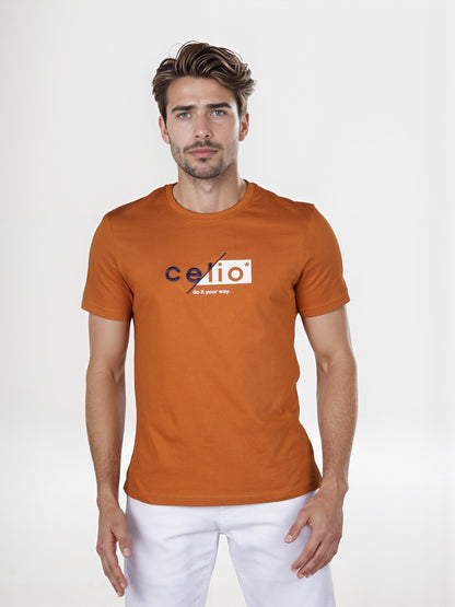 Celio* Printed Straight Fit Cotton Brown T-Shirt
