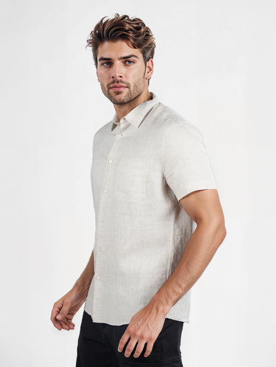 Celio* Solid Regular Fit Linen Off White Shirt