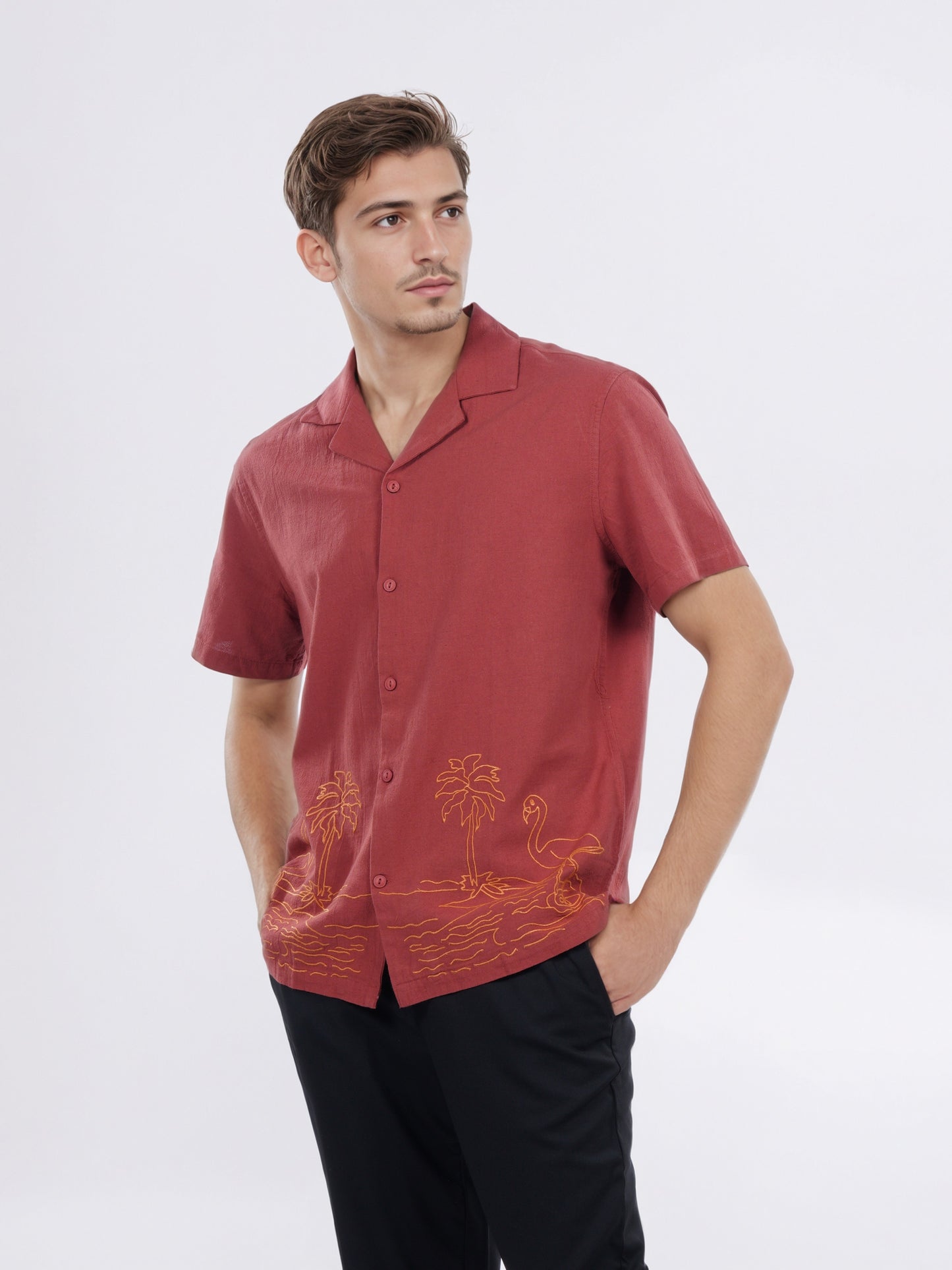 Celio* Men Red Embroidered Boxy Cotton Shirt
