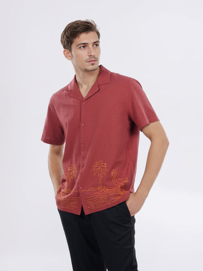 Celio* Men Red Embroidered Boxy Cotton Shirt