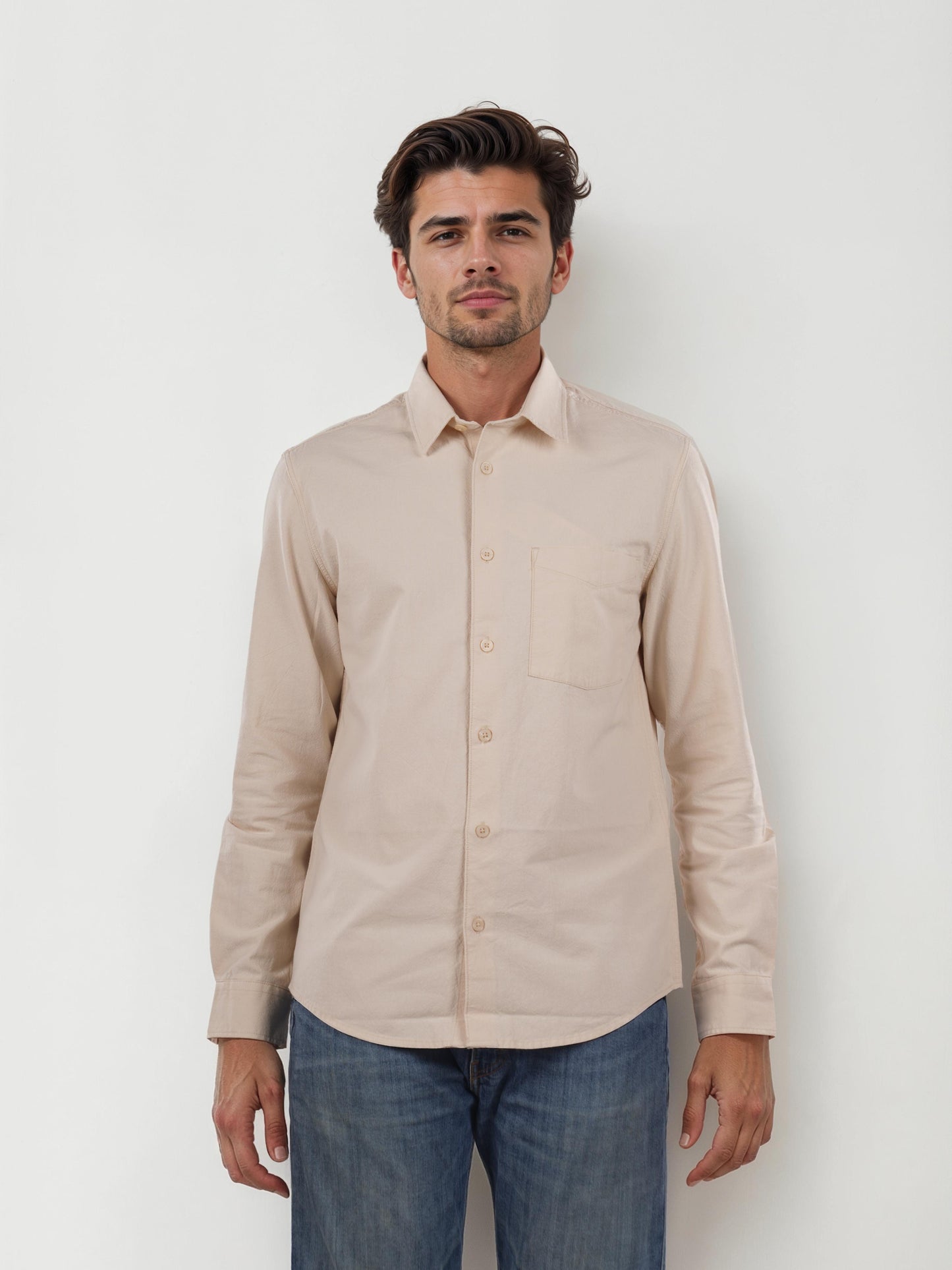 Beige Solid Cotton Shirt