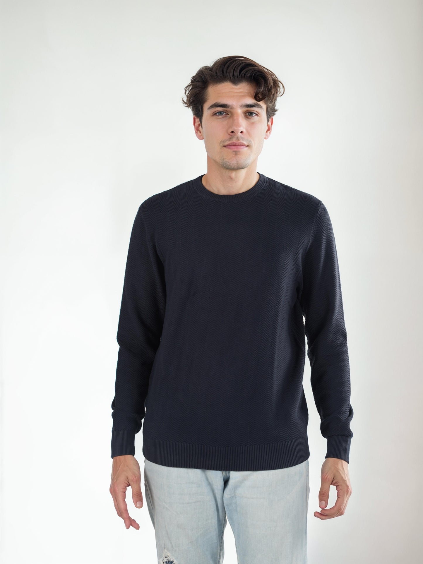 Navy Blue Solid Cotton Sweater