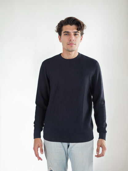 Navy Blue Solid Cotton Sweater