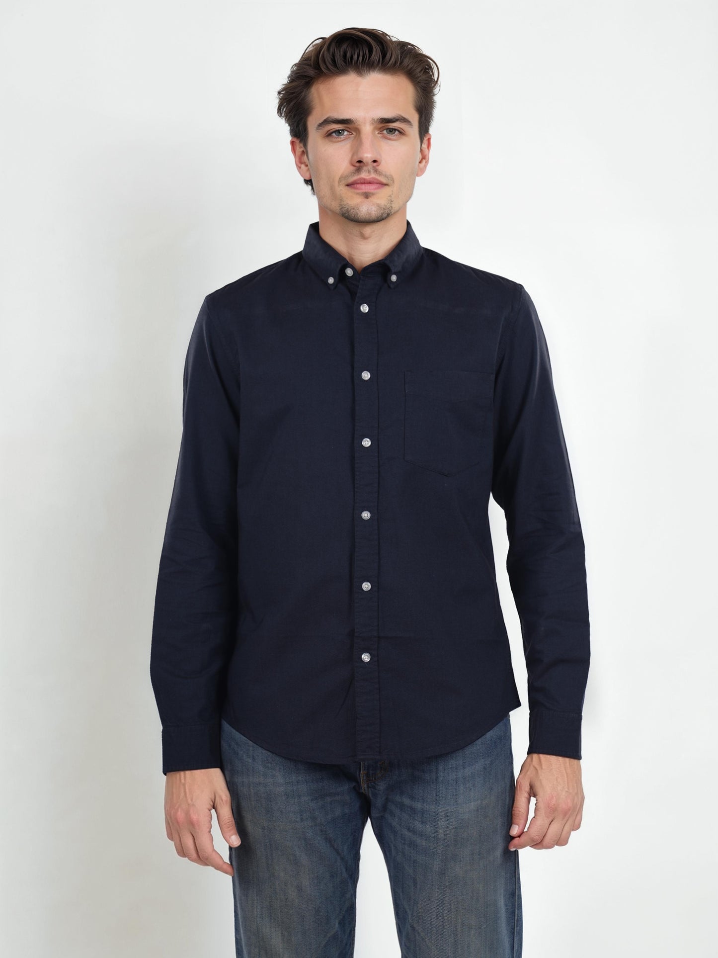 Navy Blue Solid Cotton Shirt