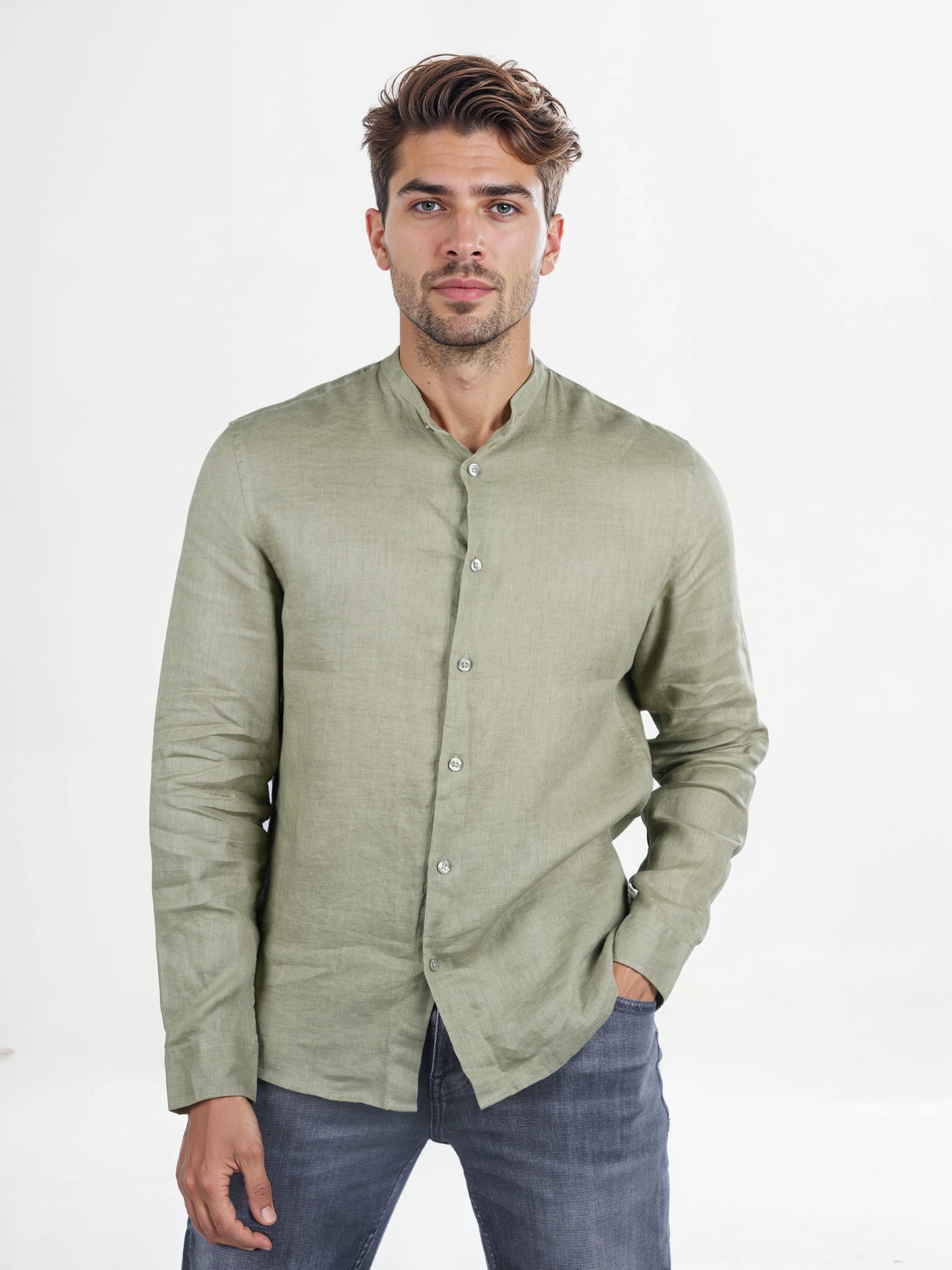 Celio* Solid Regular Fit Linen Olive Shirt